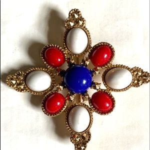 VINTAGE SARAH COVENTRY SIGNED BROOCH PIN PATRIOTIC CABOCHONS GOLD-TONE 1971 EUC